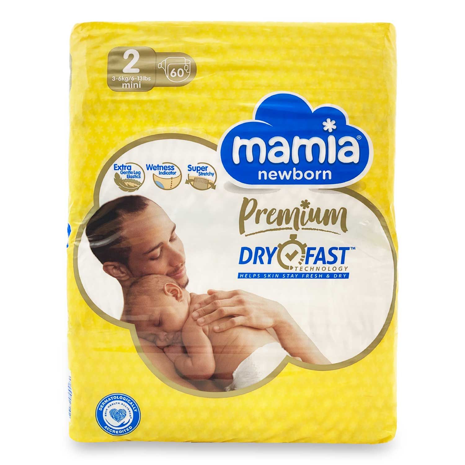 Mamia Newborn Premium Dry Fast - Size 2 60 Pack